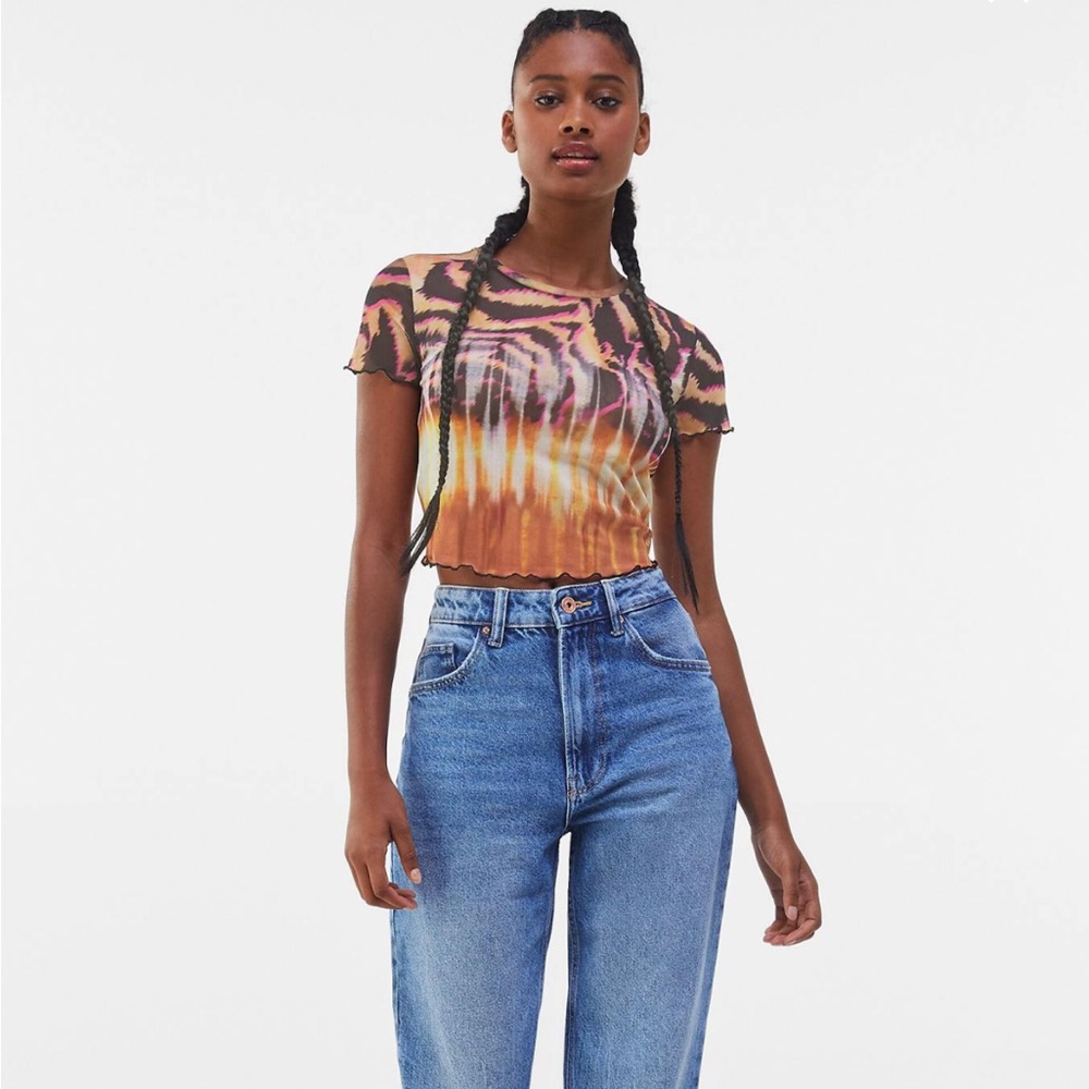 Bershka Mesh Multi Color Top - Crop Tee Size Medium